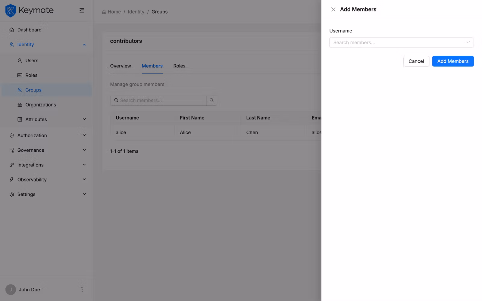 Add members drawer with search field and selectable user list