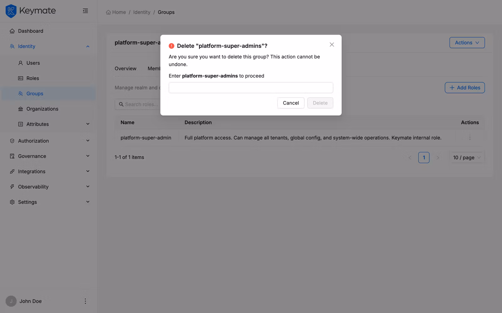 Delete group confirmation modal requiring group name input to proceed