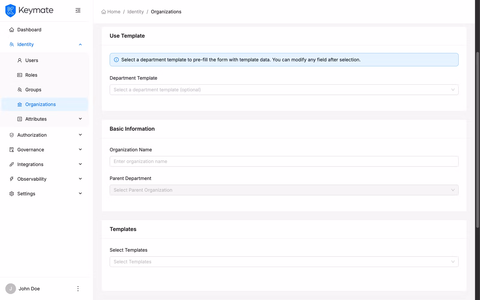 Department template dropdown for pre-filling organization configuration