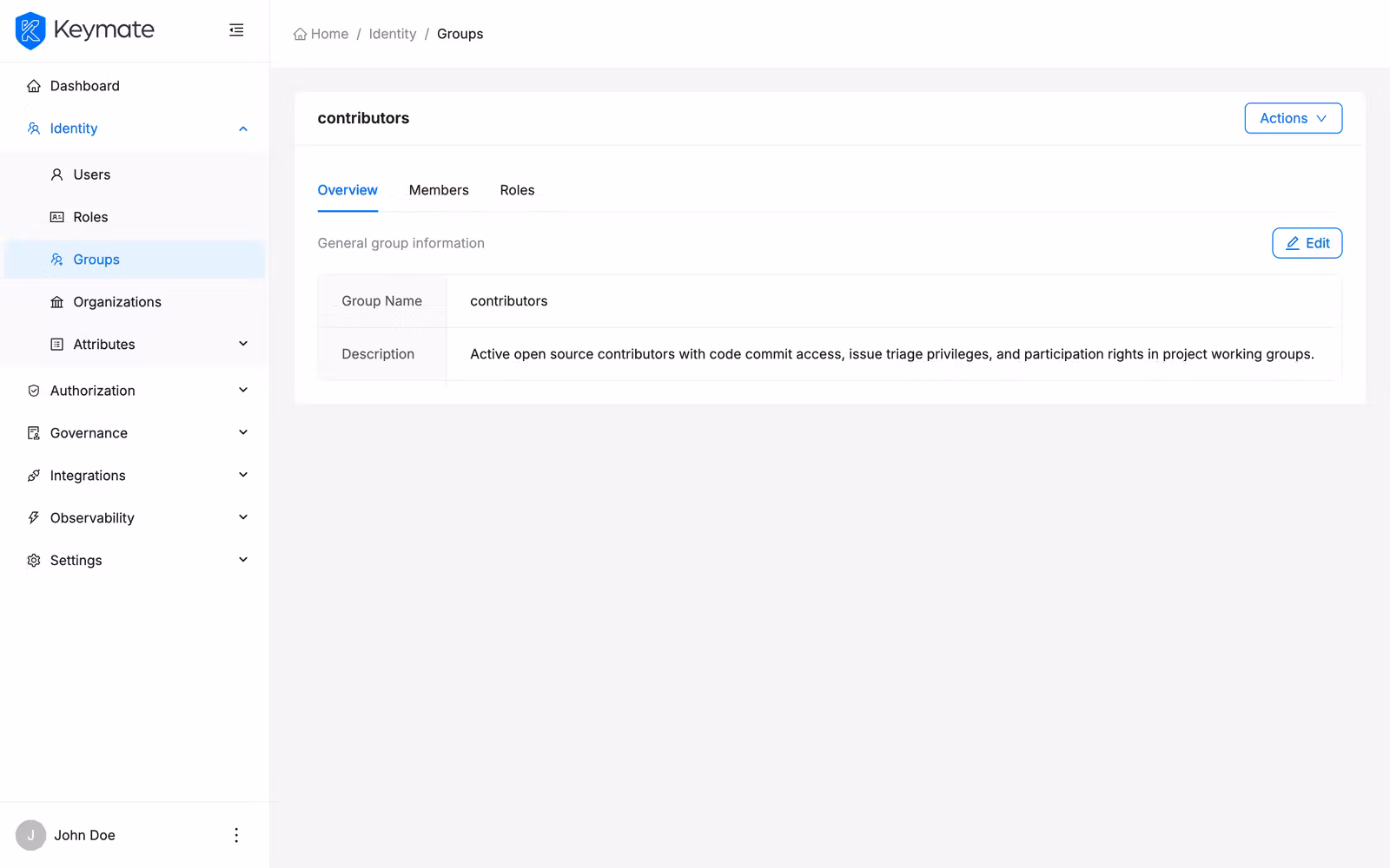 Group detail page Overview tab showing group name and description