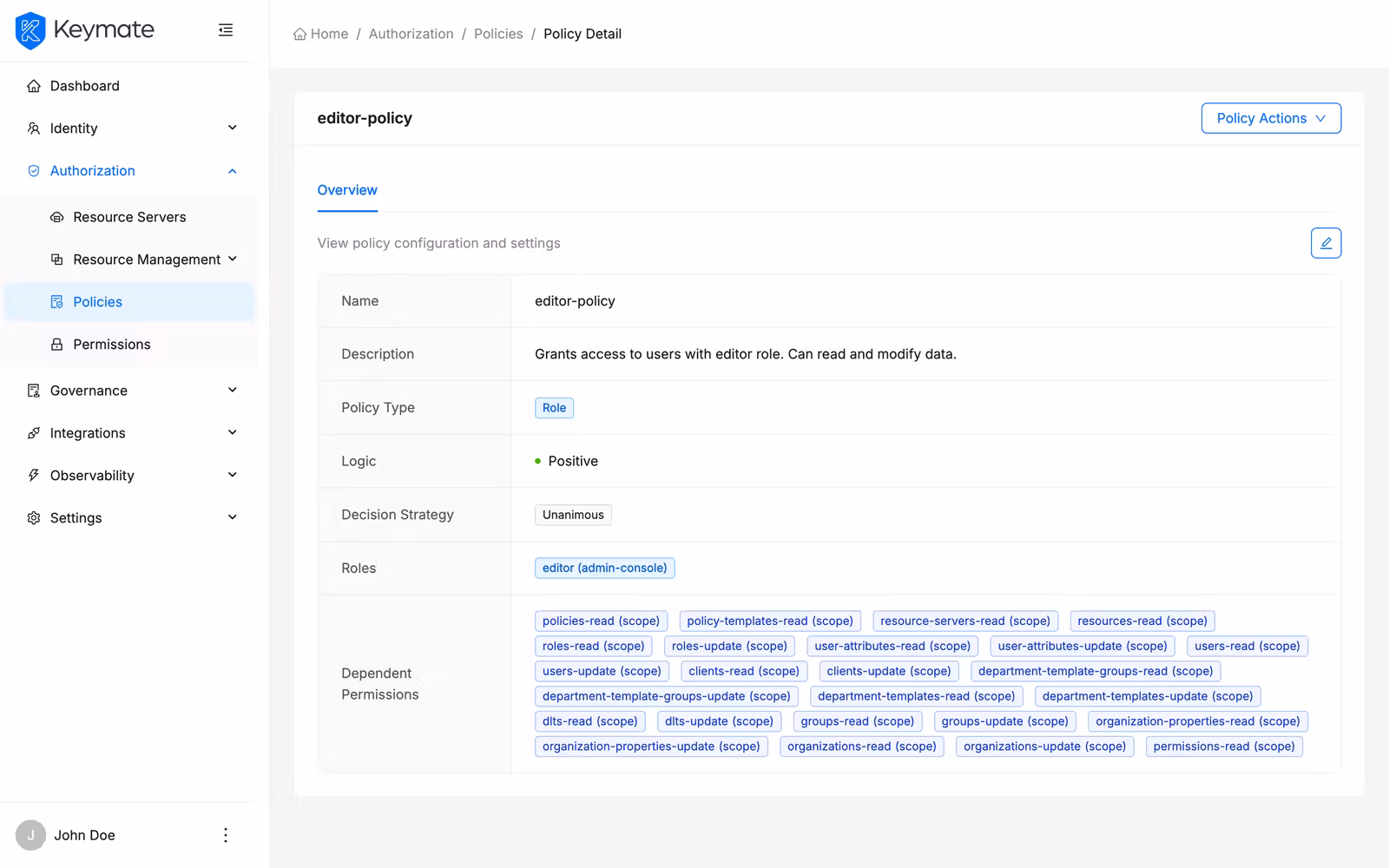 Keycloak policy detail page showing policy properties, type-specific fields, and associated policies