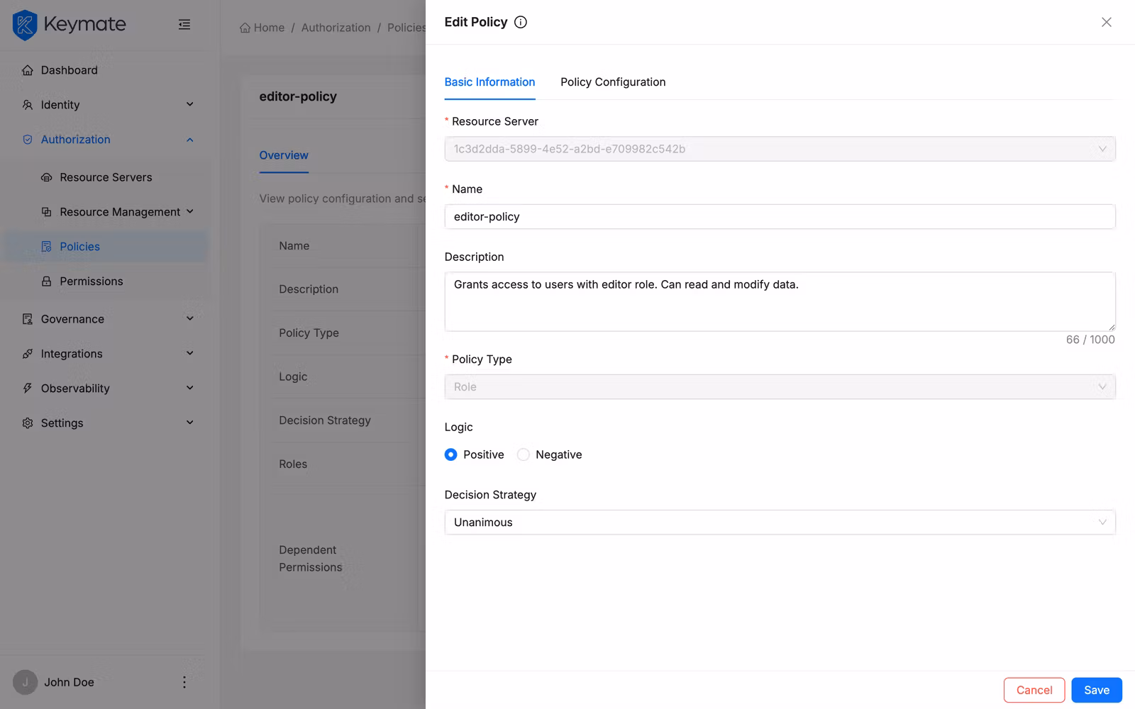 Keycloak policy edit drawer with Basic Information and Policy Configuration tabs