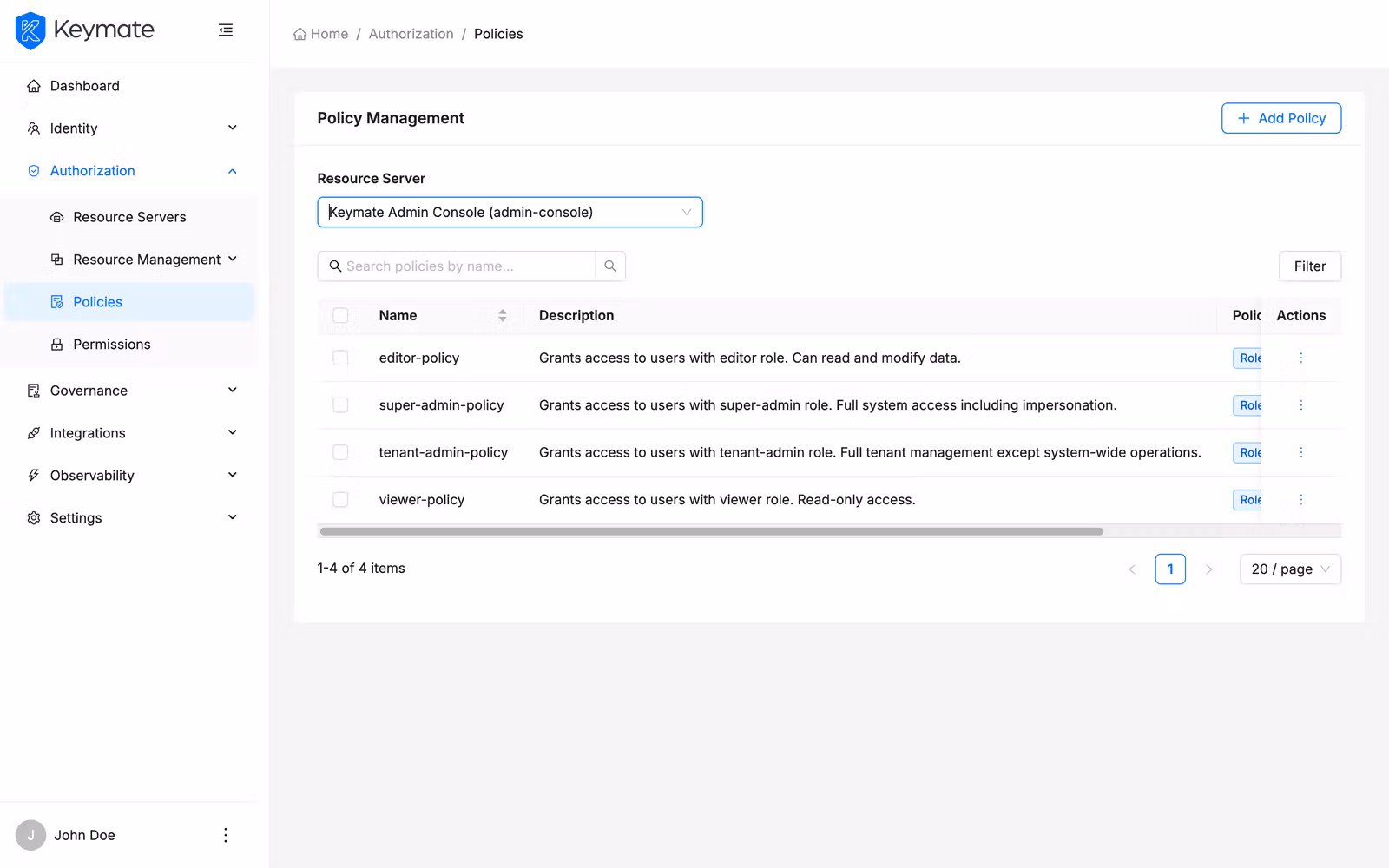 Keycloak Policy Management page with resource server selector and policy table showing name, type, logic, and decision strategy