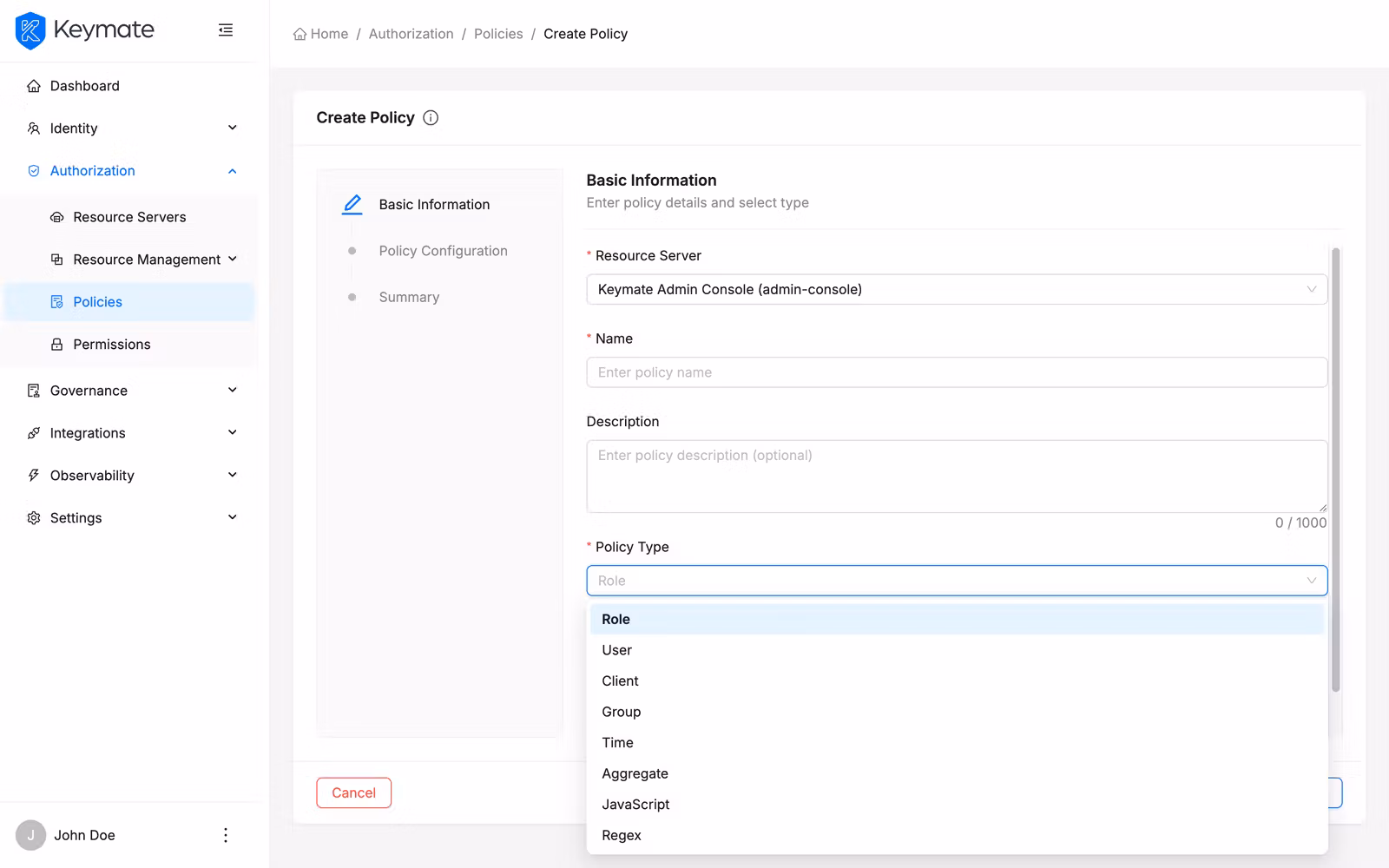 Policy type card selector with selectable Keycloak types on the left and upcoming Keymate types on the right