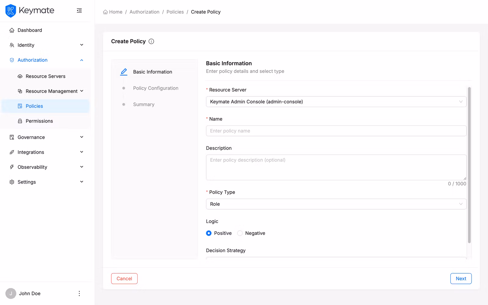 Keycloak policy wizard step 1 with resource server, name, description, policy type, logic, and decision strategy fields