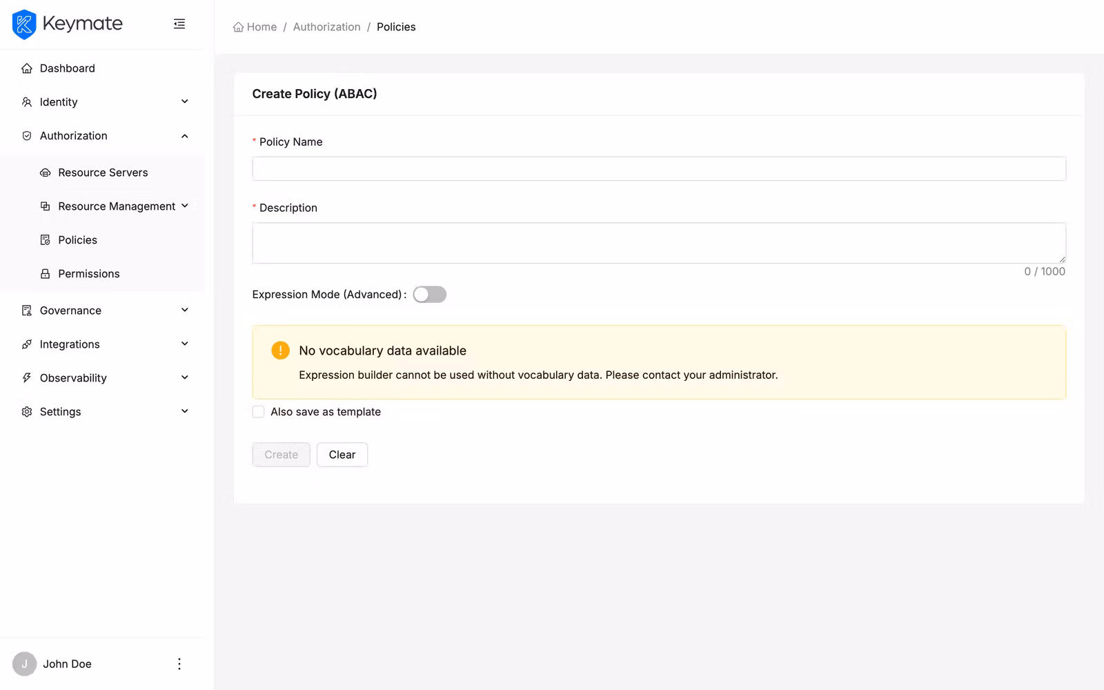 Visual Expression Builder toolbar with Add Attribute, AND, OR, and parenthesis buttons for composing ABAC conditions