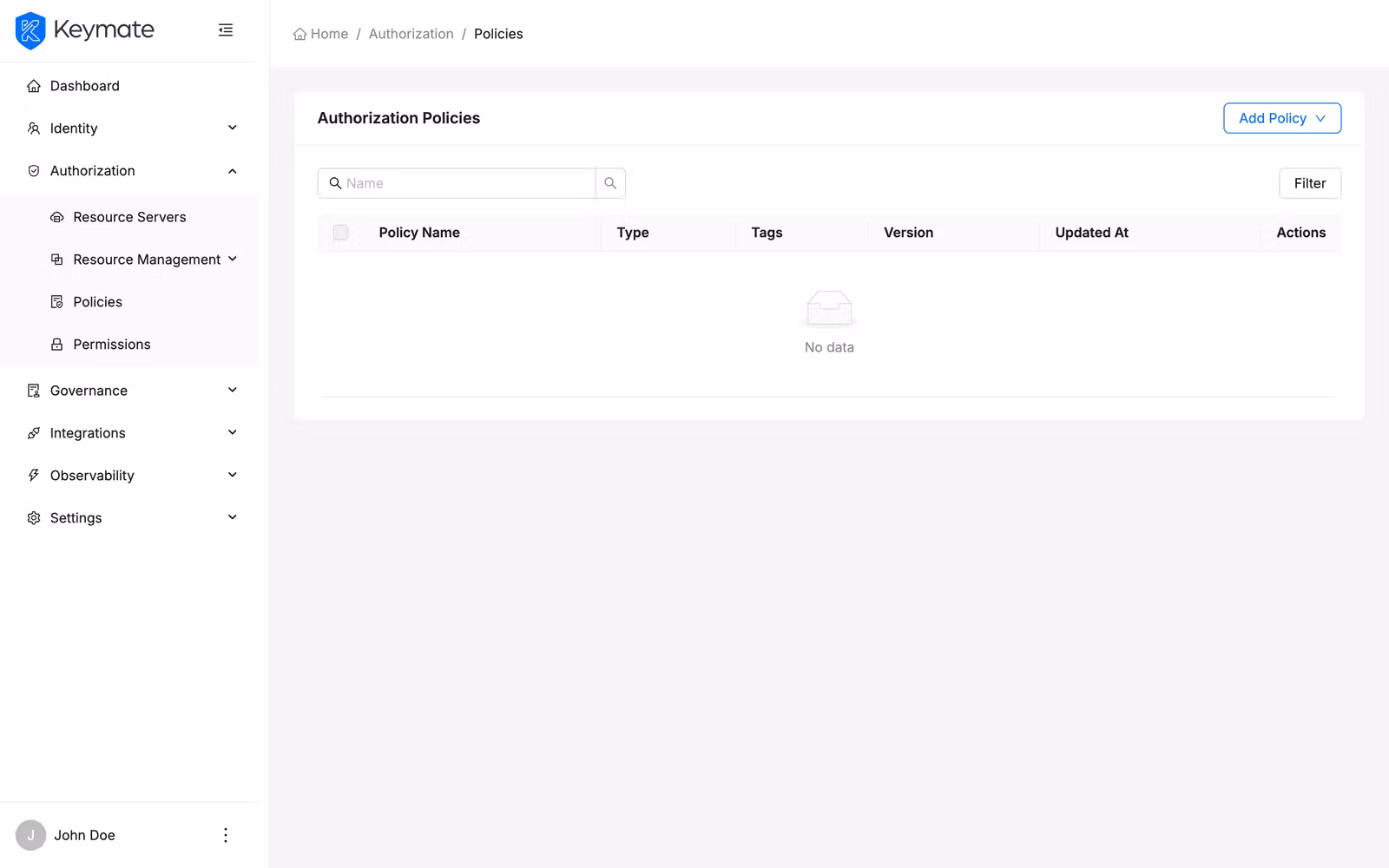 Authorization Policies list page with searchable table showing policy name, type, tags, version, and last updated columns