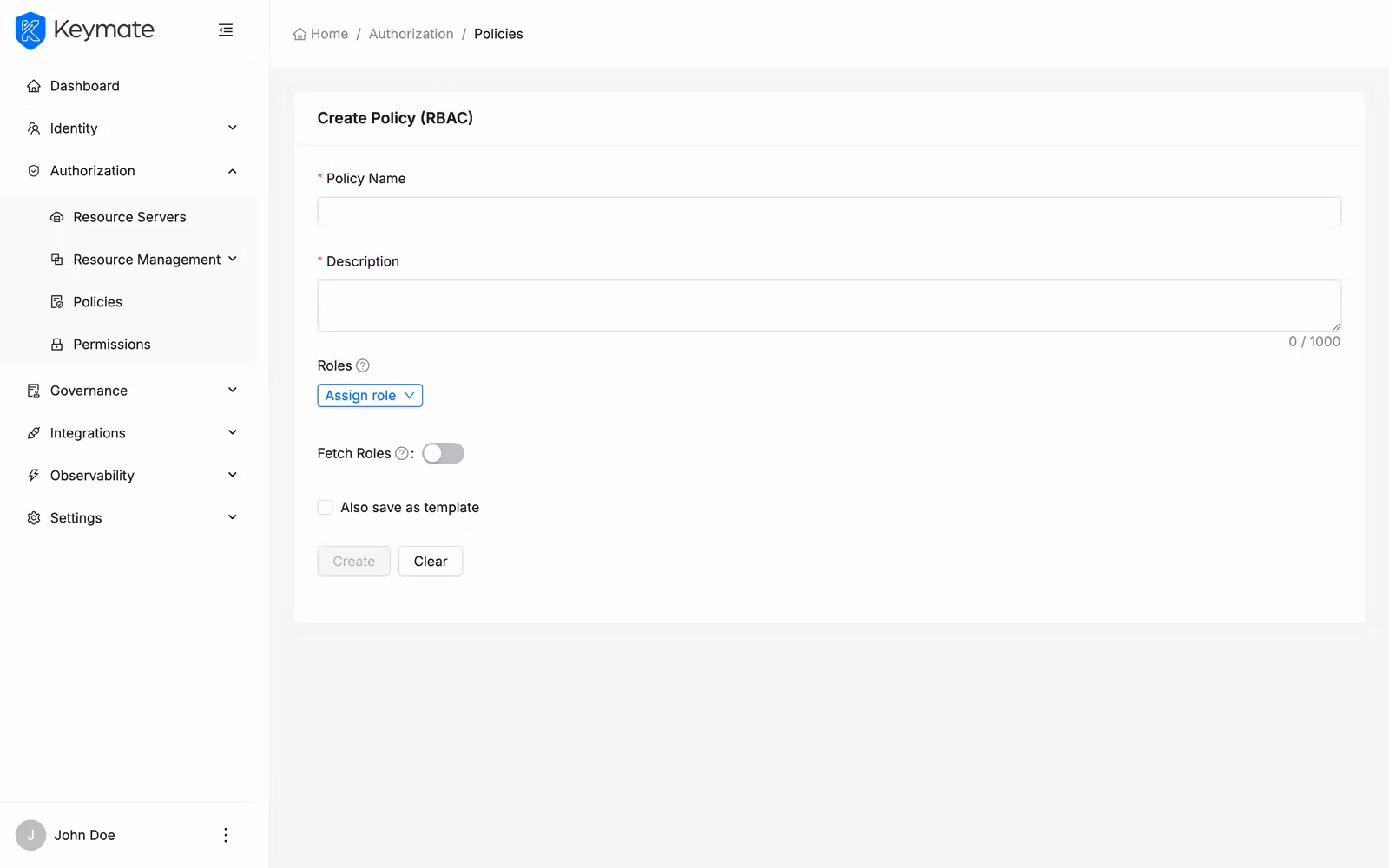 RBAC policy creation form with name, description, roles assignment, and fetch roles toggle fields