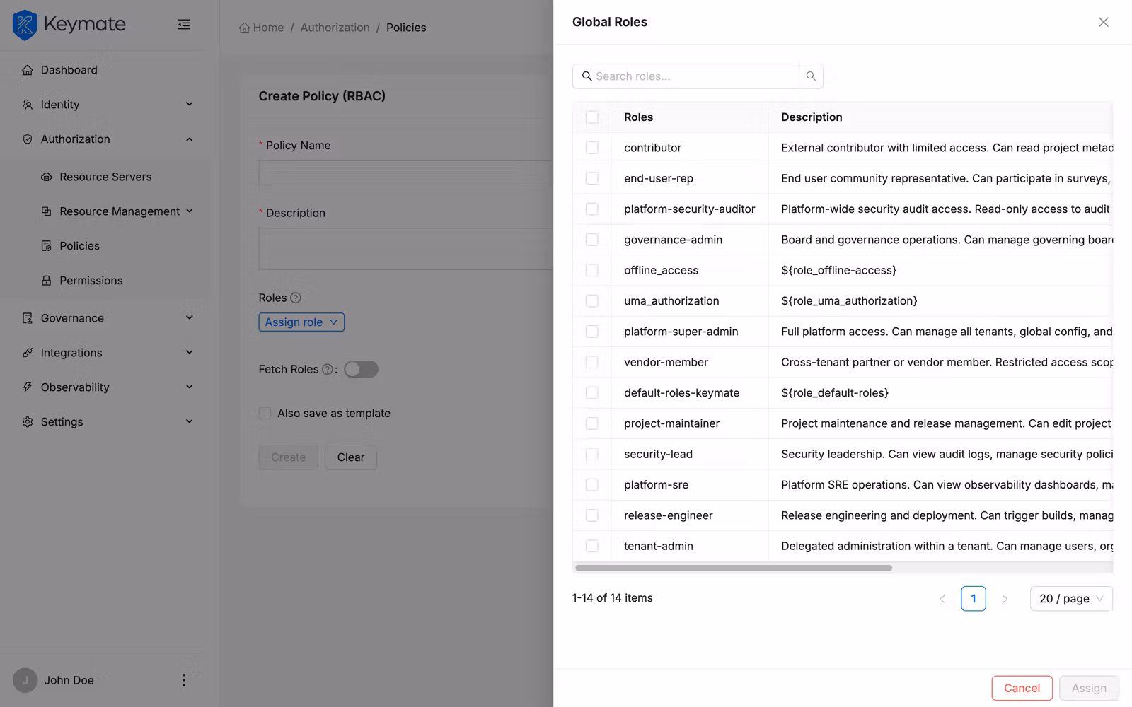 Role selection drawer with search field and checkbox table for assigning client or global roles to a policy
