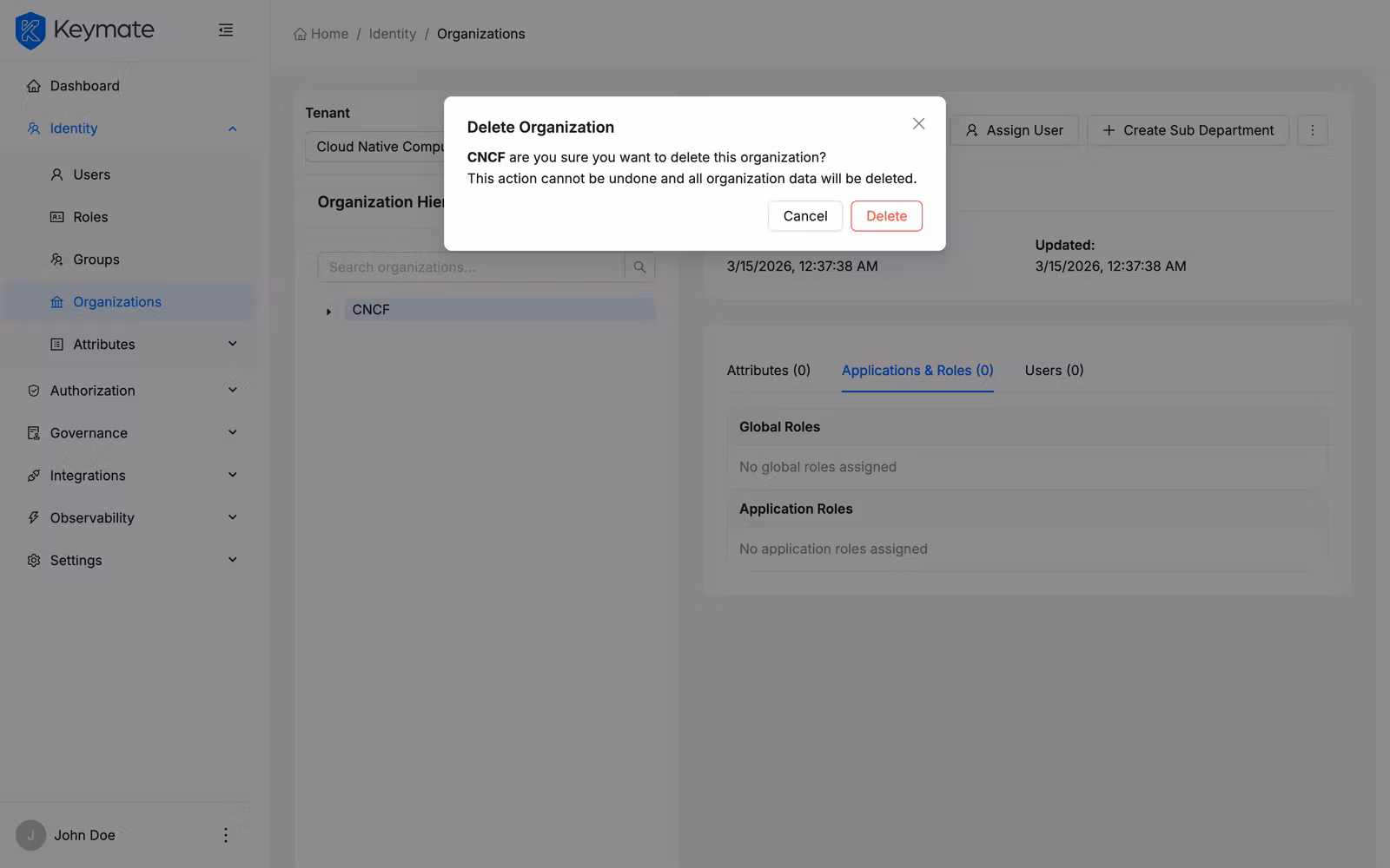 Delete organization confirmation modal warning that the action cannot be undone