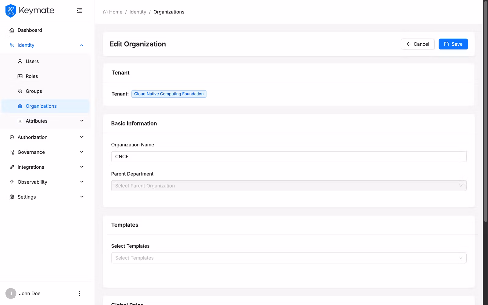 Organization edit form with existing values pre-filled for modification