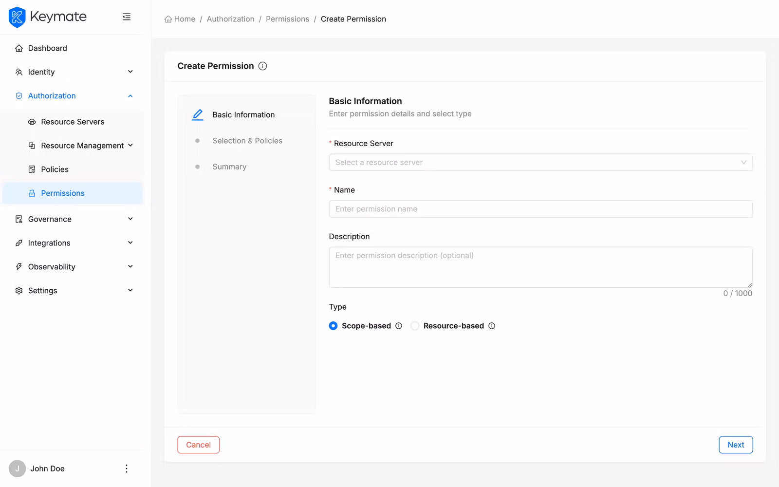 Permission wizard step 1 with resource server, name, description, and type fields