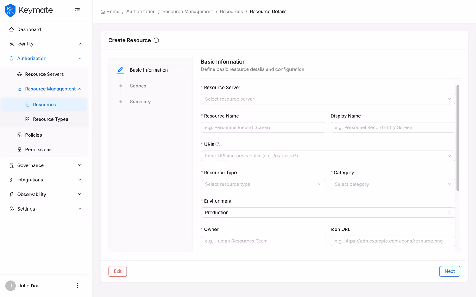 Create Resource wizard step 2 showing the Scopes selection panel with available scopes from the selected resource server