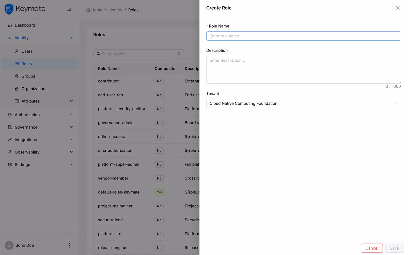 Create Role drawer with fields for role name, description, and optional tenant scope