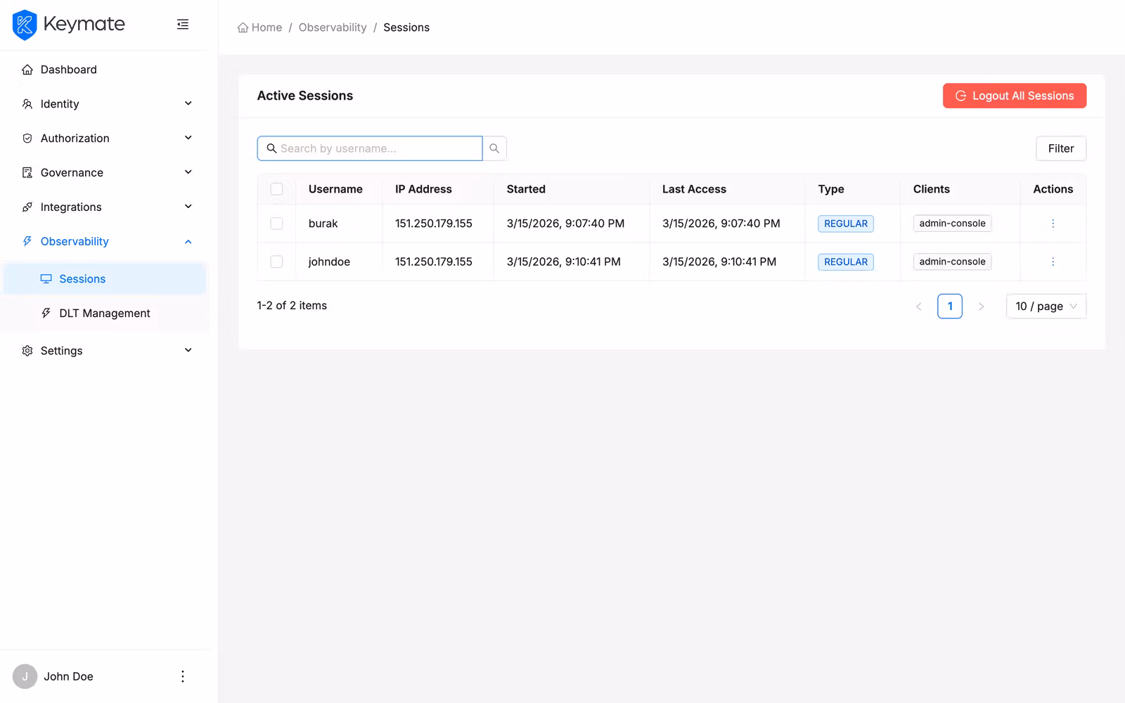 Realm-wide session list showing active sessions with username, IP address, timestamps, type tags, and client applications