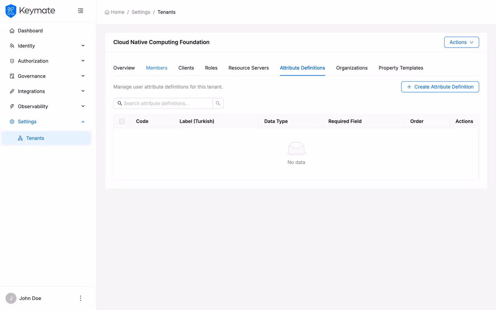 Tenant settings page showing the Attribute Definitions tab with tenant-scoped definitions