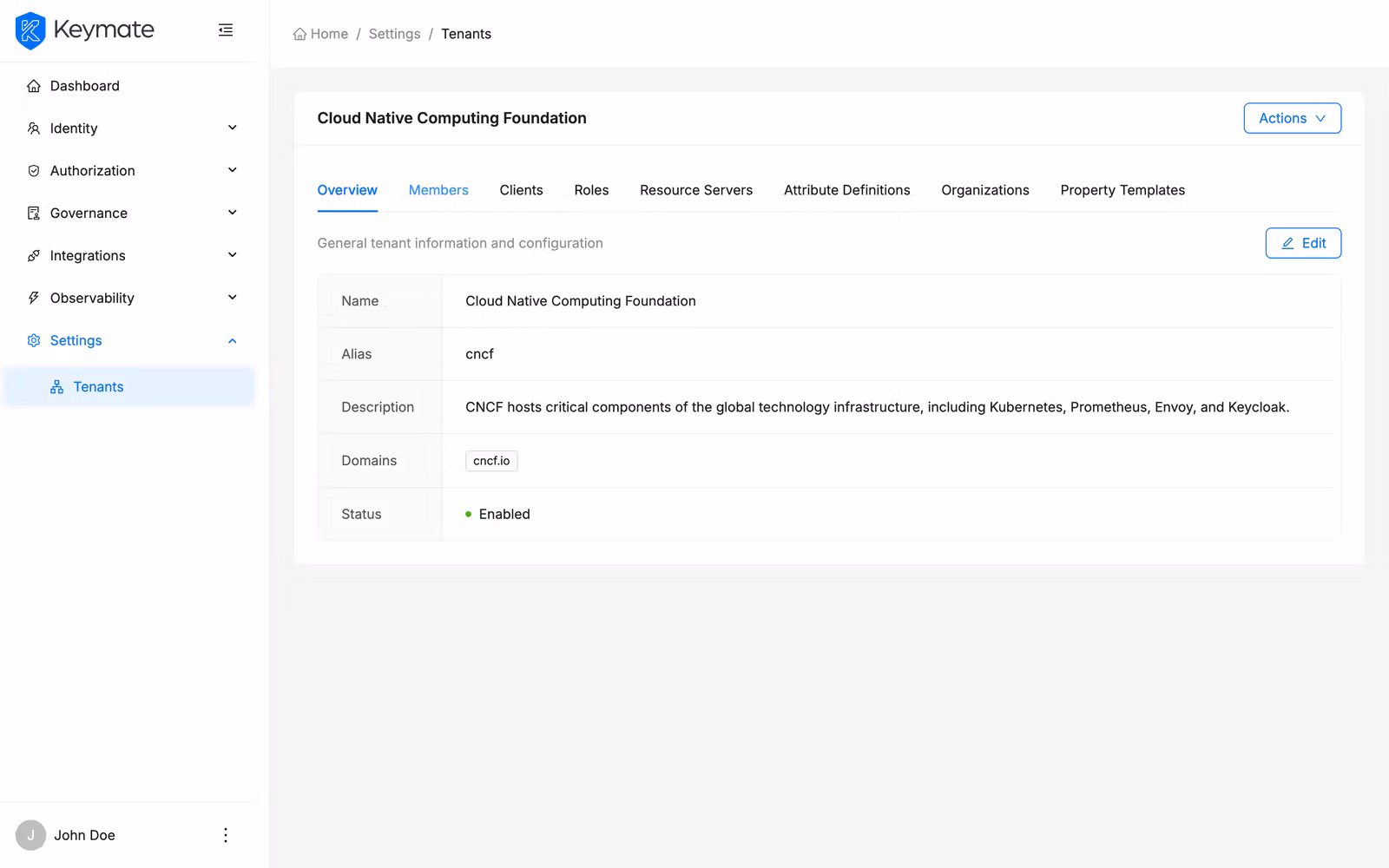 Tenant Overview tab displaying name, alias, description, domains as tags, and an enabled status badge