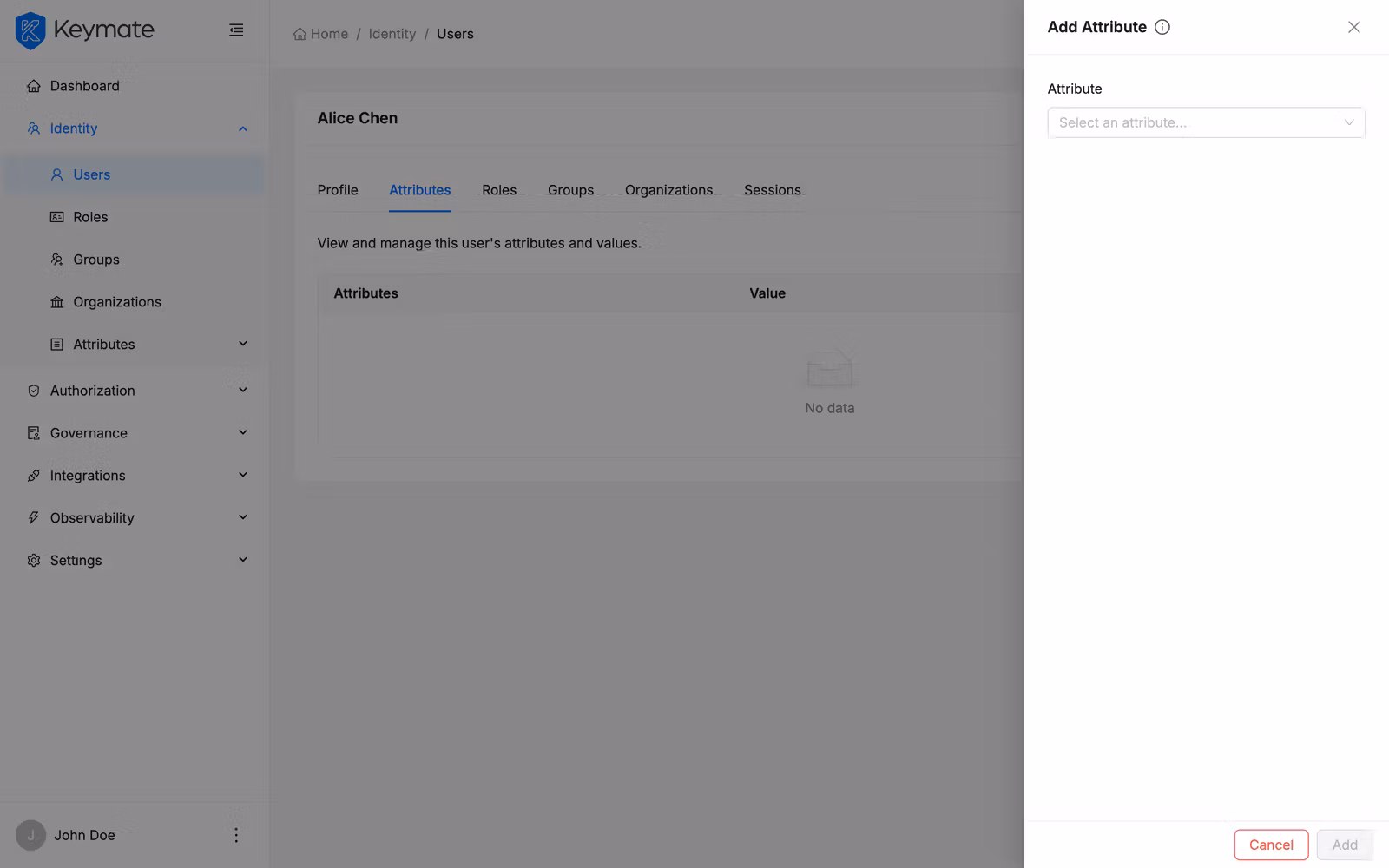 Add attribute drawer with a dropdown to select an unassigned attribute and a value input field
