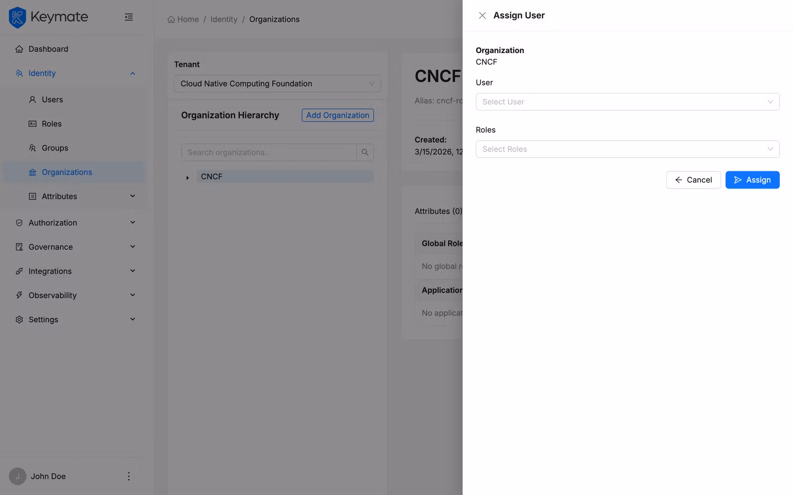 Assign user side drawer with user search and role selection fields