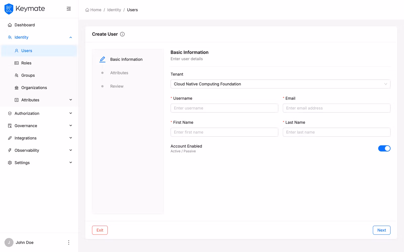 Create User wizard step 1 showing fields for tenant, username, email, name, and account toggle