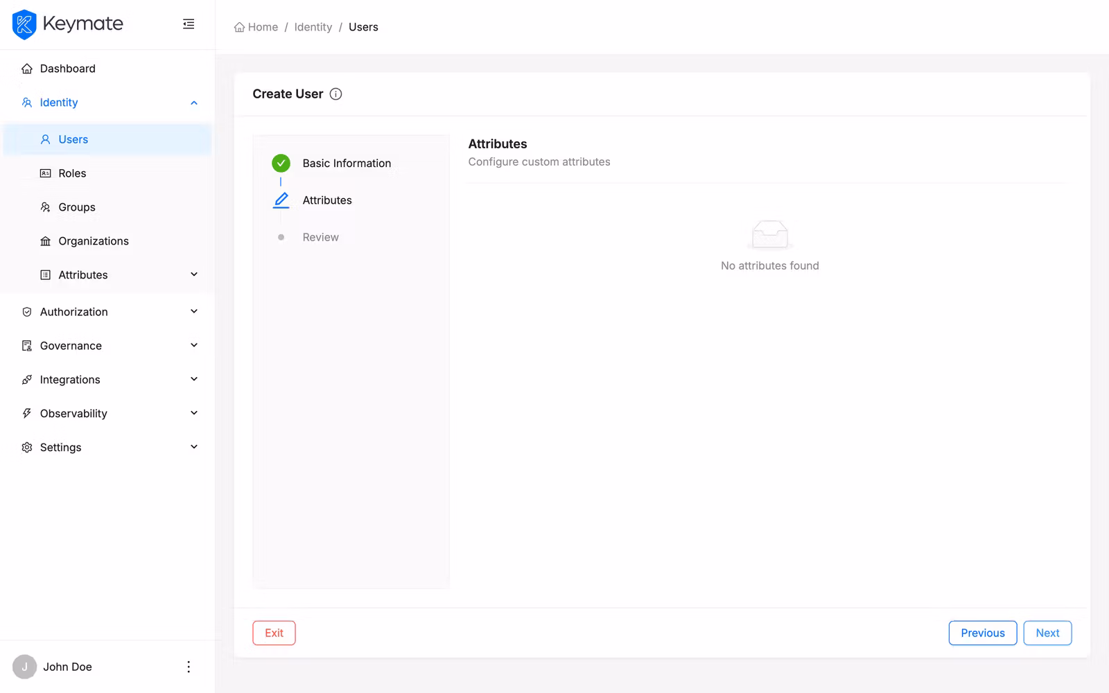 Create User wizard step 2 showing required and optional attribute sections