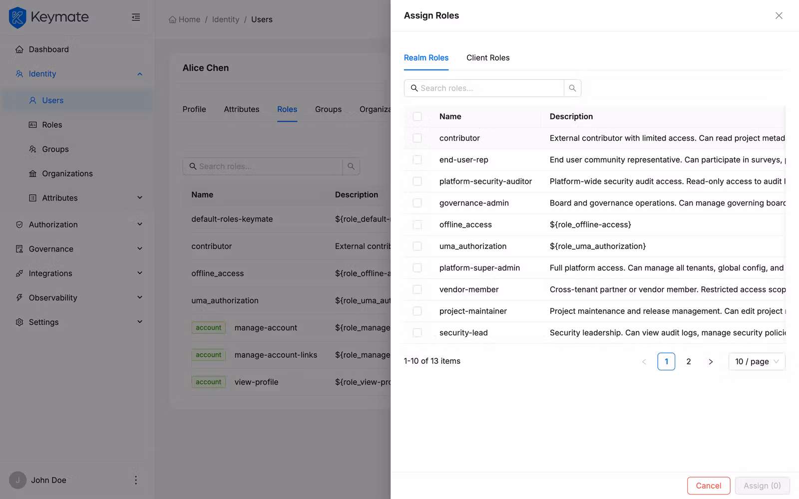 Role selection drawer with Realm Roles and Client Roles tabs for assigning roles to a user