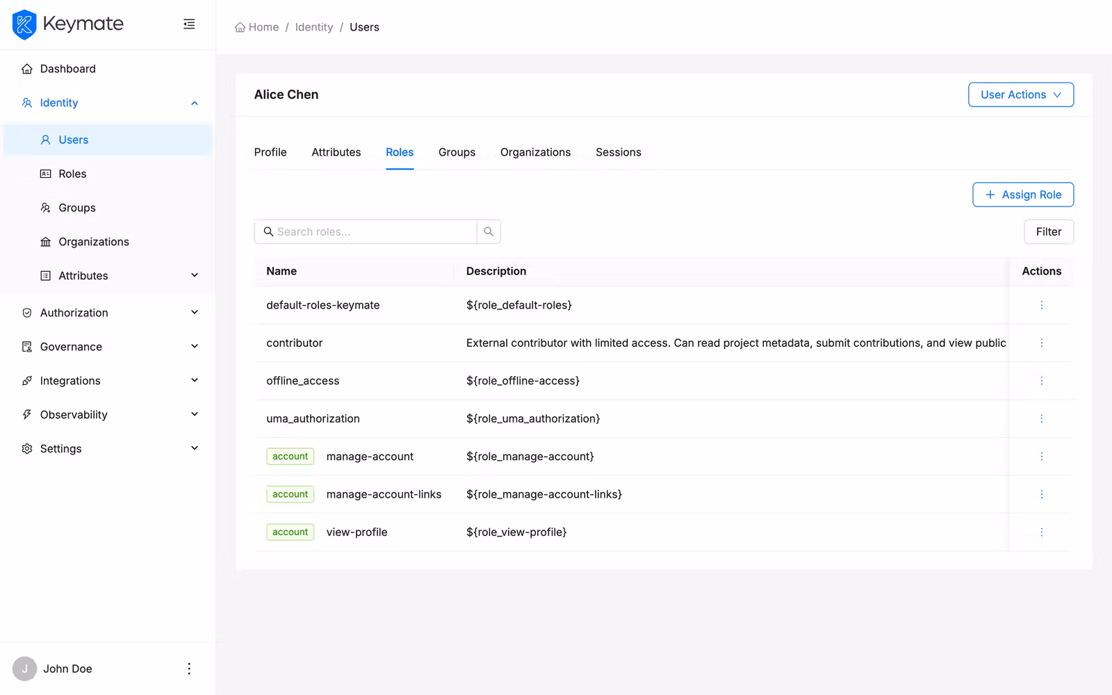 Roles tab on user detail page listing assigned roles with name, description, and inheritance status