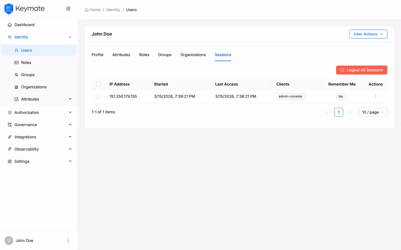 Per-user Sessions tab showing IP address, timestamps, connected clients, and Remember Me status