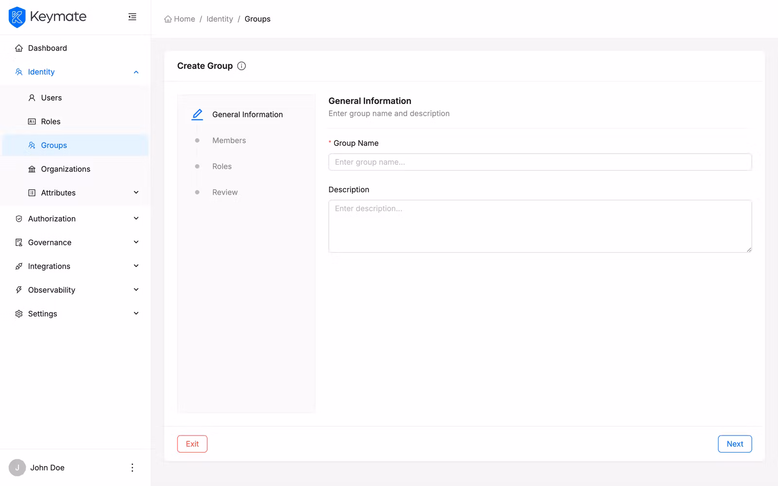 Create group wizard step 1 with Name and Description fields