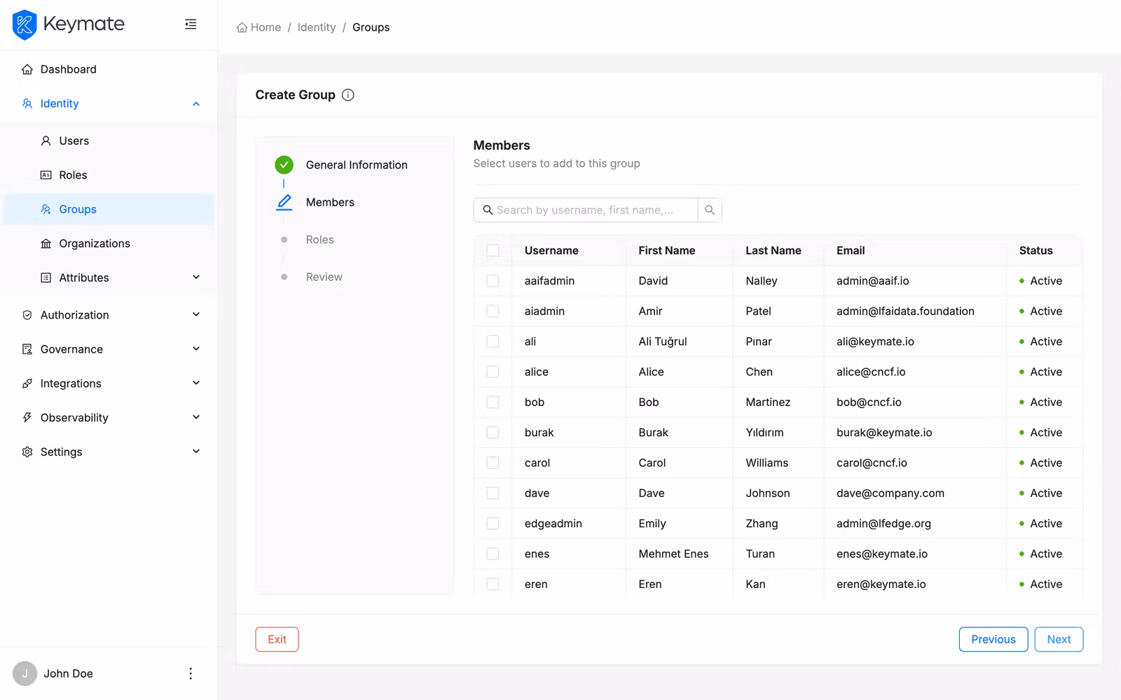 Create group wizard step 2 showing user list with checkboxes for member selection