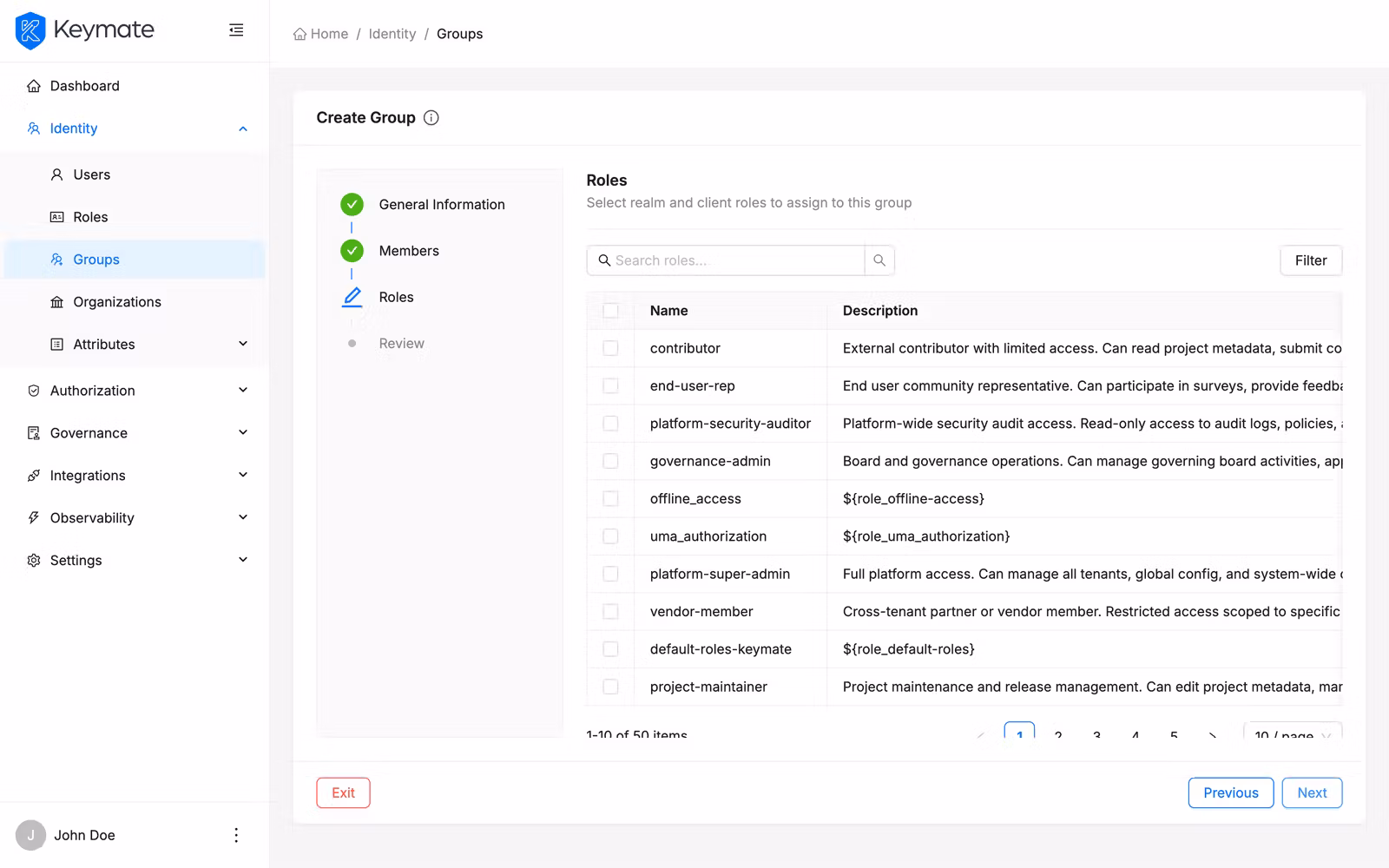 Create group wizard step 3 with role picker showing realm and client roles