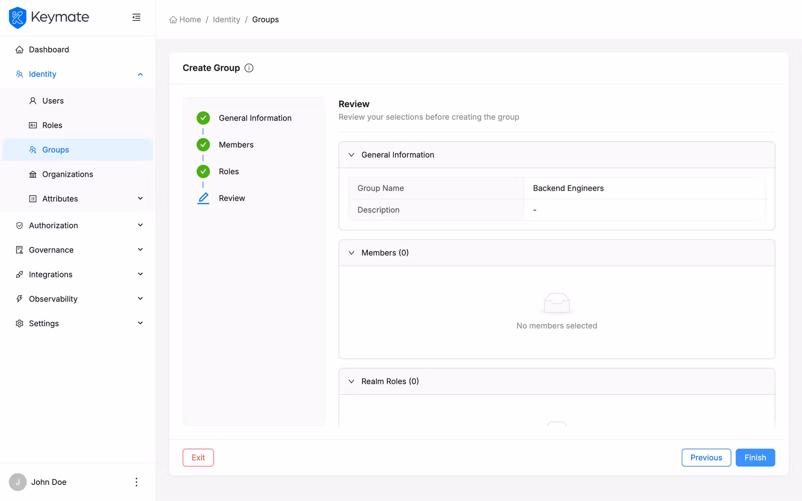 Create group wizard review step summarizing group details, members, and roles