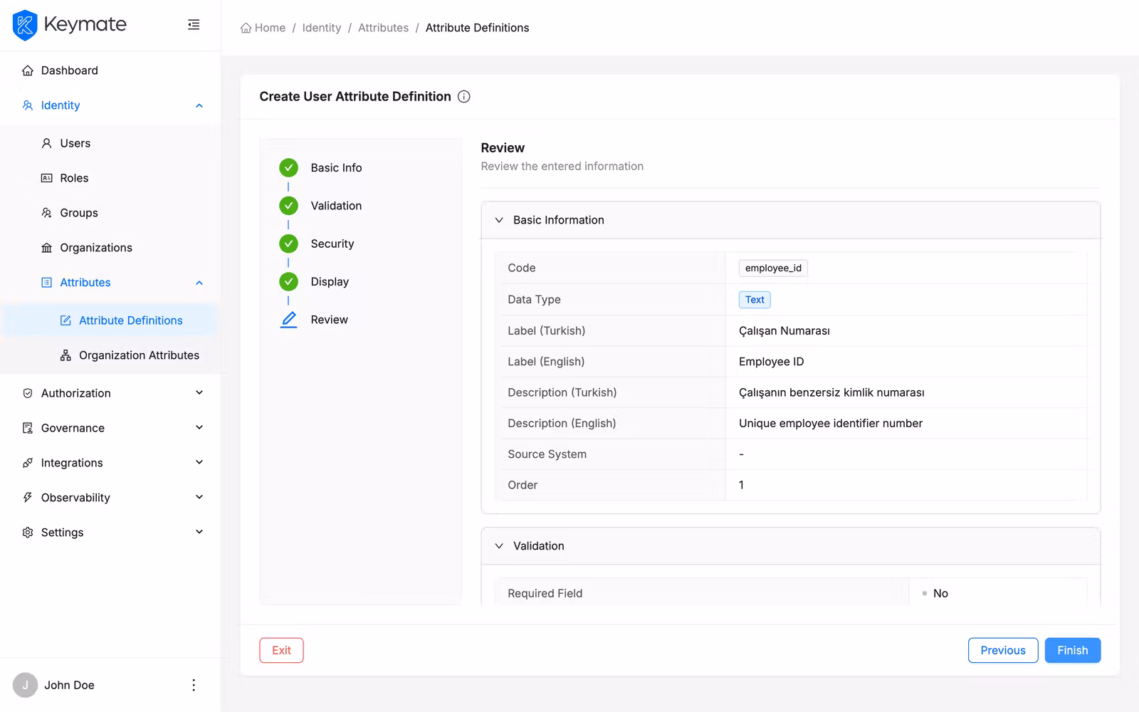 Wizard step 5 showing a read-only summary of all attribute definition settings before confirmation